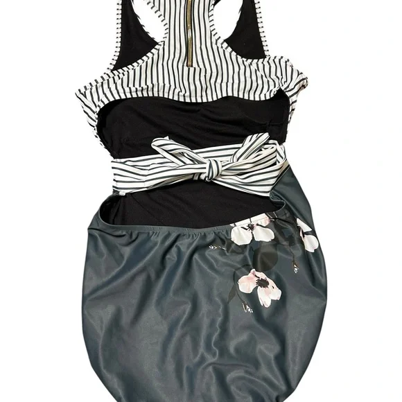 Albion Bon Voyage stripe floral one piece swimsuit size XL tie back zip closure - Picture 3 of 8